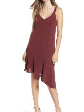 Lush Asymetric Ruffle Hem Dress Burgundy NWT